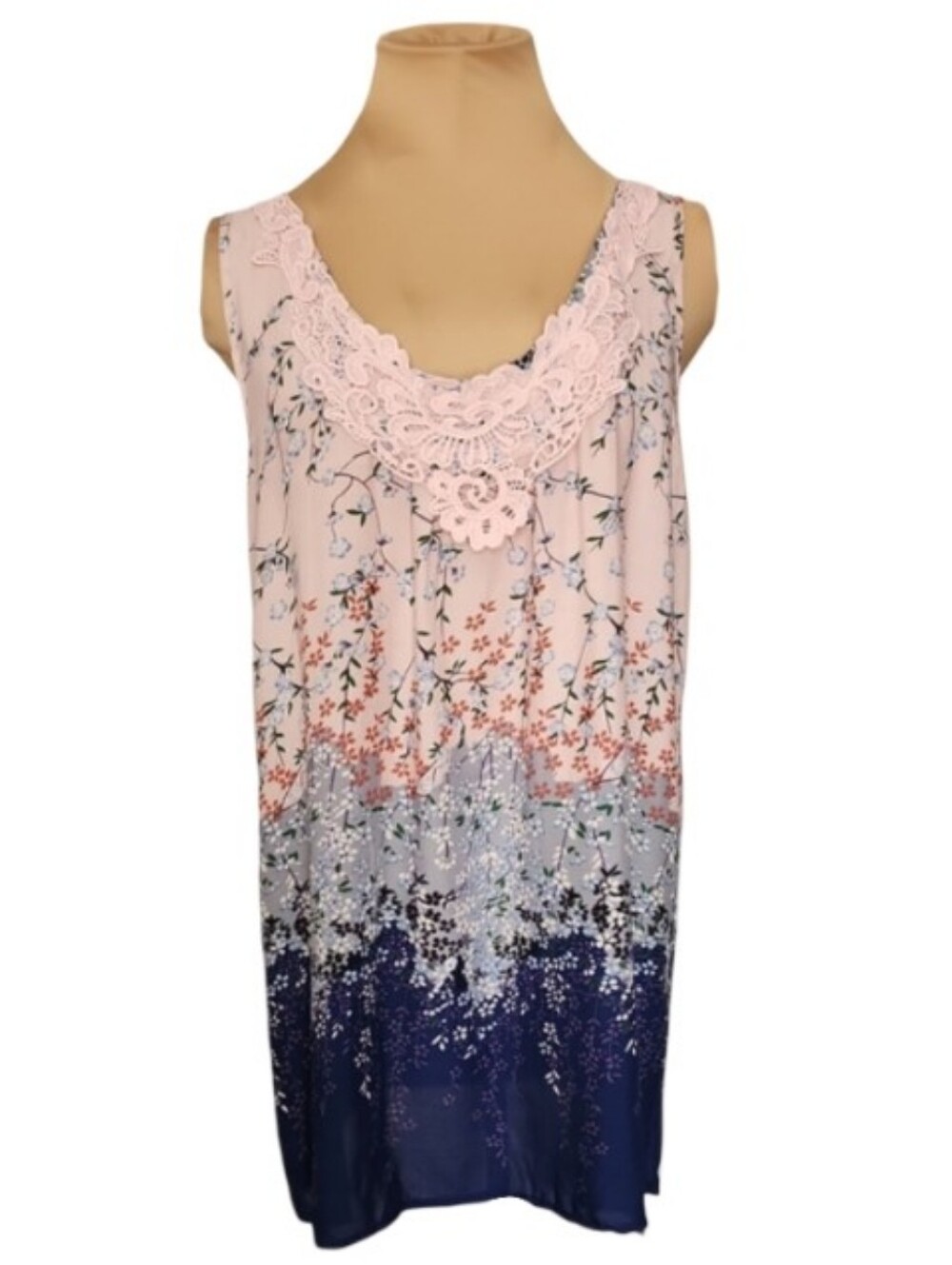 Suzanne Betro Floral Lace Neck Tunic Top Crisscross Open Back Large Rayon Boho